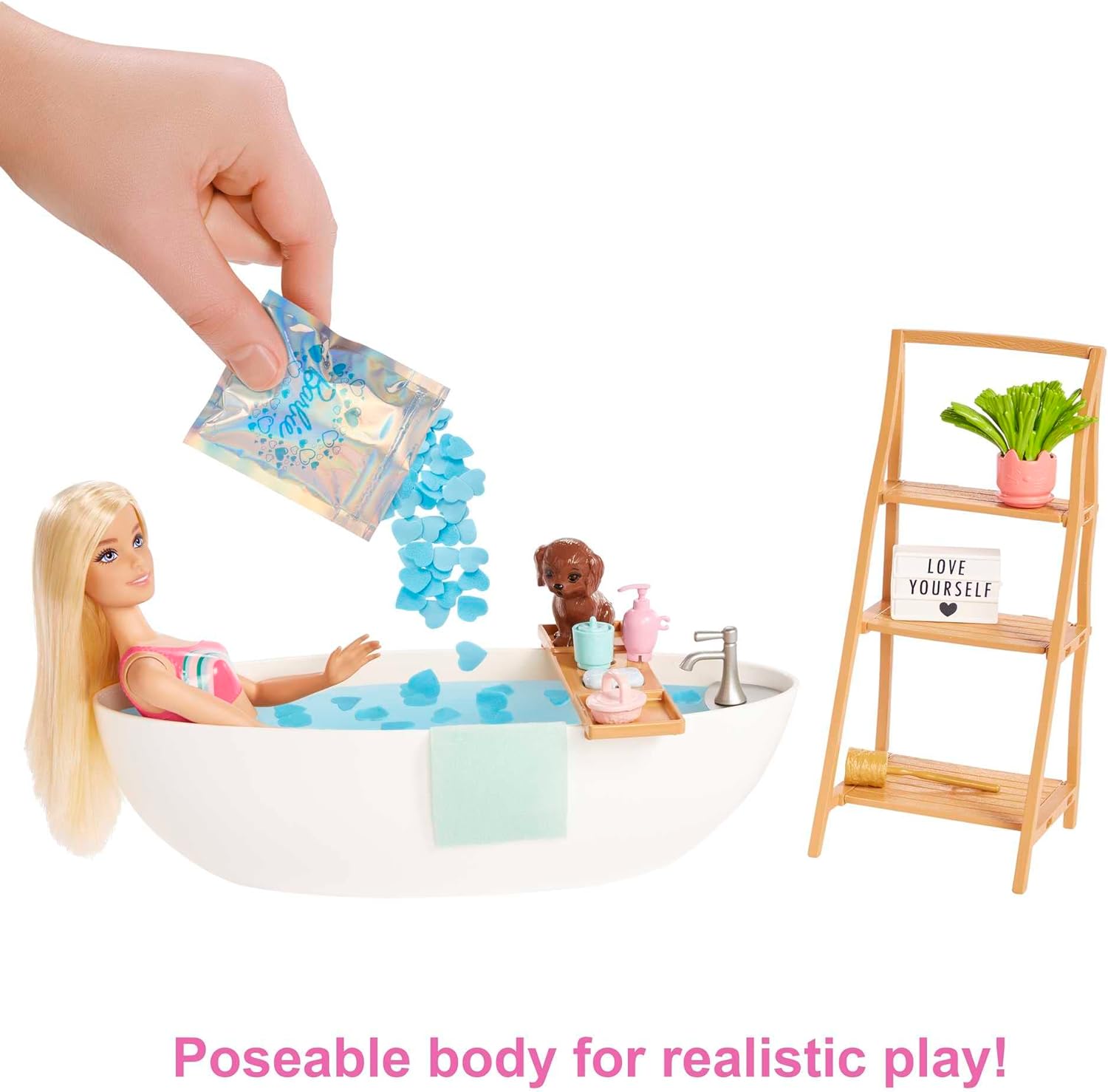 Barbie Doll and Bathtub Playset with Puppy, Kids Toys, Blonde, Colorful Confetti Soap and Accessories, Self-Care and Wellness Theme, HKT92