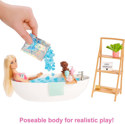 Barbie Doll and Bathtub Playset with Puppy, Kids Toys, Blonde, Colorful Confetti Soap and Accessories, Self-Care and Wellness Theme, HKT92
