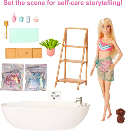 Barbie Doll and Bathtub Playset with Puppy, Kids Toys, Blonde, Colorful Confetti Soap and Accessories, Self-Care and Wellness Theme, HKT92