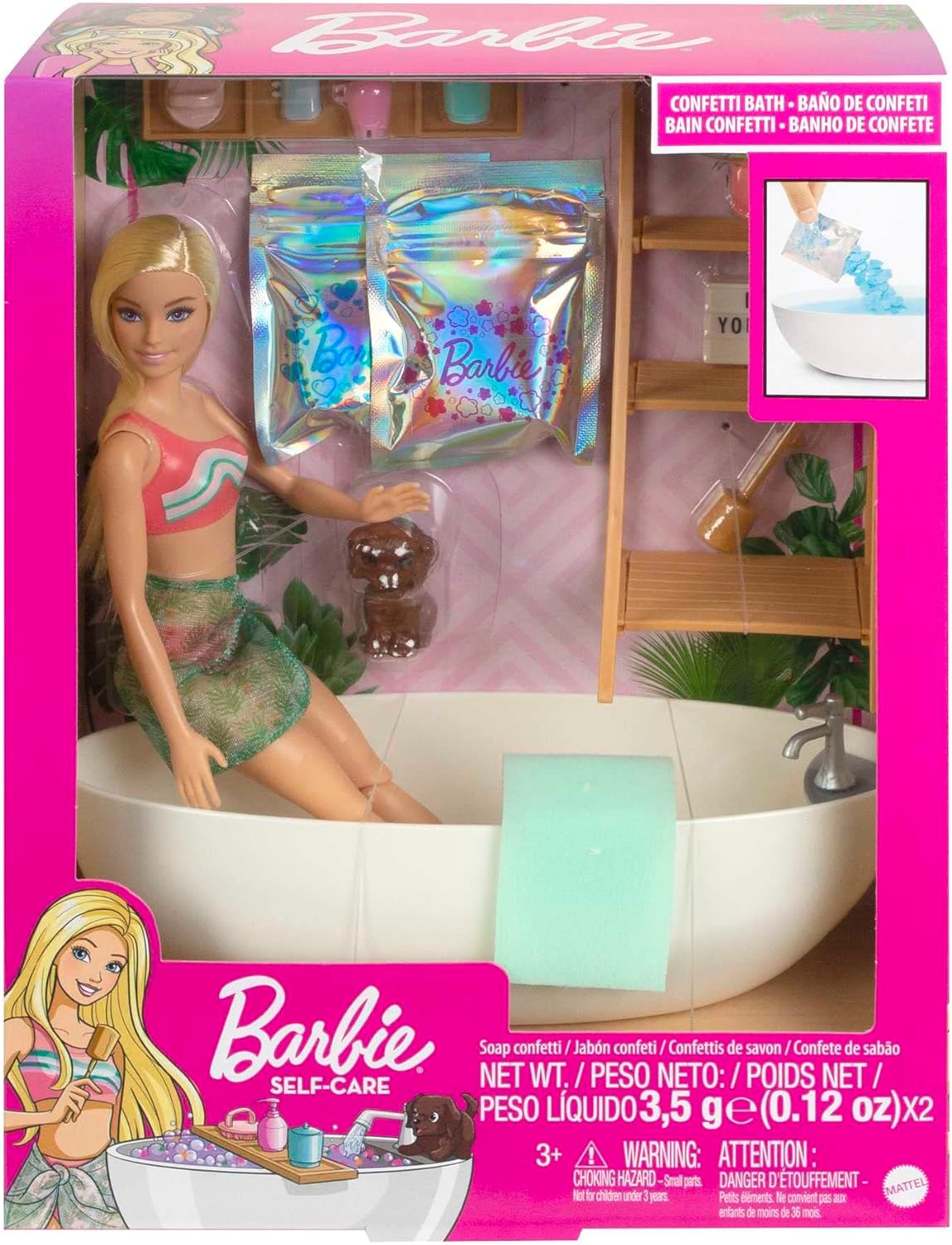 Barbie Doll and Bathtub Playset with Puppy, Kids Toys, Blonde, Colorful Confetti Soap and Accessories, Self-Care and Wellness Theme, HKT92