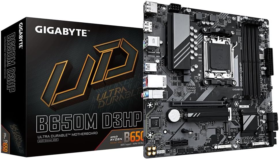 Gigabyte B650M D3HP Motherboard - Supports AMD Ryzen 7000 CPUs, 15+2+2 Phases Digital VRM, up to 7600MHz DDR5 (OC), 2xPCIe 4.0 M2, 2.5GbE LAN, USB 3.2 Gen 1