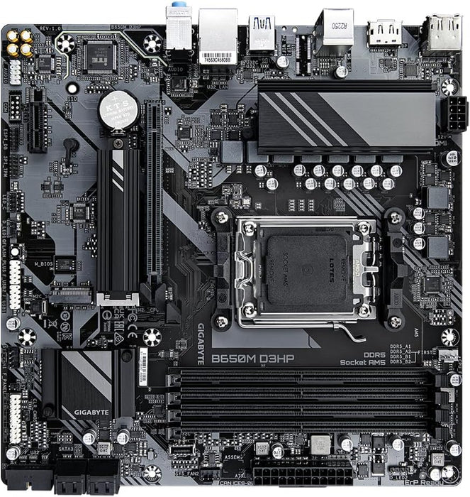 Gigabyte B650M D3HP Motherboard - Supports AMD Ryzen 7000 CPUs, 15+2+2 Phases Digital VRM, up to 7600MHz DDR5 (OC), 2xPCIe 4.0 M2, 2.5GbE LAN, USB 3.2 Gen 1