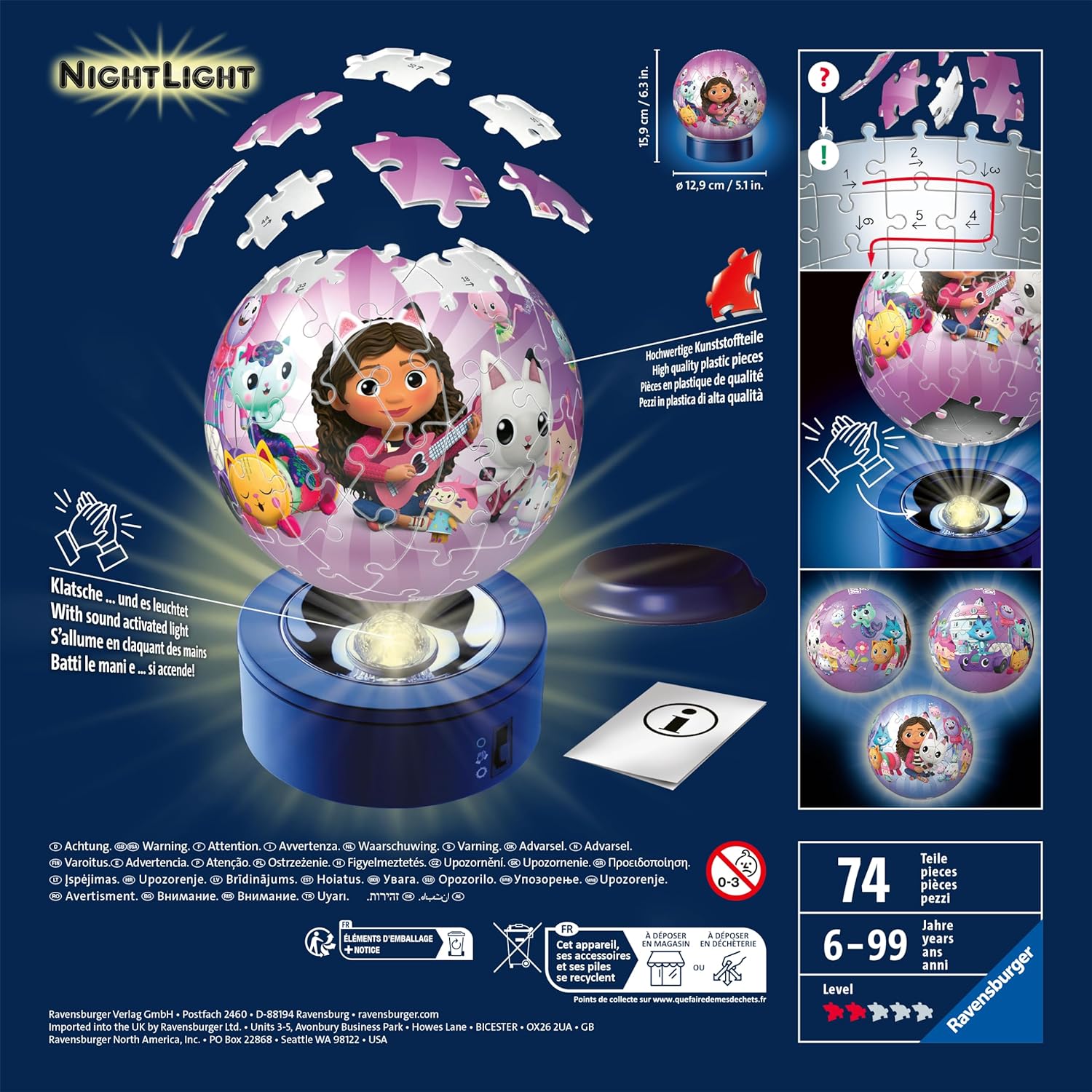 Ravensburger - Puzzle 3D Niños Lampara De Noche Gabby's Dollhouse Led | Puzzles 3D para Niños De 6 Años O Más | Maquetas para Montar De 72 Piezas | Regalo Niño 6 Años O Más