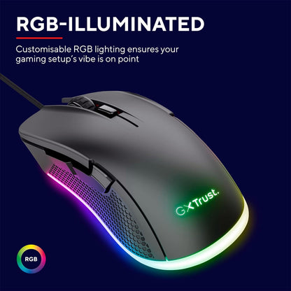 Trust Gaming GXT 922 Ybar Gaming Mouse, 68% Recycled Materials, 200-7200 DPI, 6 Programmable Buttons, 2.1 m Braided USB Cable, Advanced Software, RGB Computer Mouse for PC, Laptop, Windows - Black Wired Black