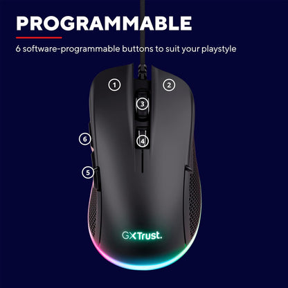 Trust Gaming GXT 922 Ybar Gaming Mouse, 68% Recycled Materials, 200-7200 DPI, 6 Programmable Buttons, 2.1 m Braided USB Cable, Advanced Software, RGB Computer Mouse for PC, Laptop, Windows - Black Wired Black