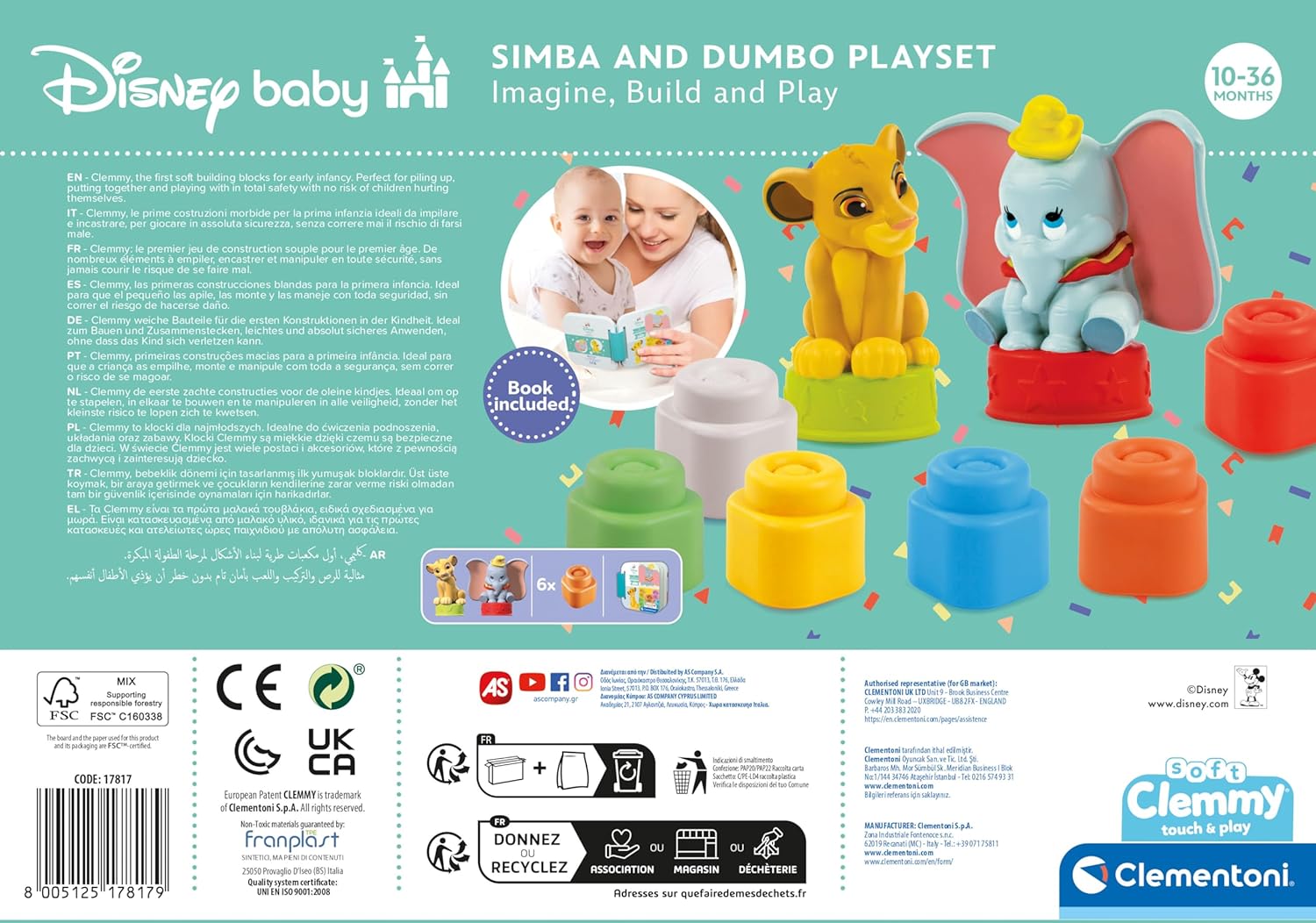 Clementoni Soft Clemmy-Clásicos, Ladrillos De Construcción, Bloques Blanditos Y Dos Personajes Disney, 100% Lavables, Juguete 10 Meses, Made In Italy (17817)