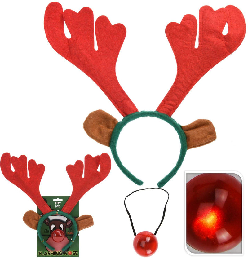 Carousel Home and Gifts 2 Piece Rudolph Reindeer Antlers Headband With Flashing Nose Festive Party Christmas Set
