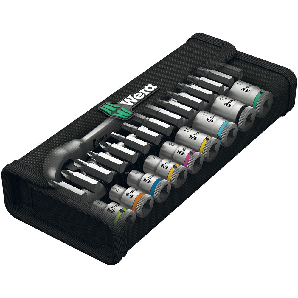 Wera 05004018001 8100 SA 8 Zyklop Metal Ratchet Set with Switch Lever, 1/4" Drive, Metric 28 Pieces & Compact Tool Set Kraftform 20" with Pouch, SL/PH/PZ, 7 Pieces