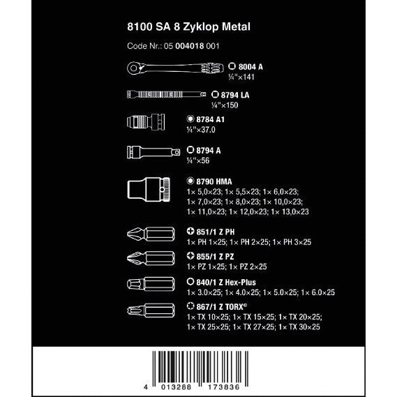 Wera 05004018001 8100 SA 8 Zyklop Metal Ratchet Set with Switch Lever, 1/4" Drive, Metric 28 Pieces & Compact Tool Set Kraftform 20" with Pouch, SL/PH/PZ, 7 Pieces