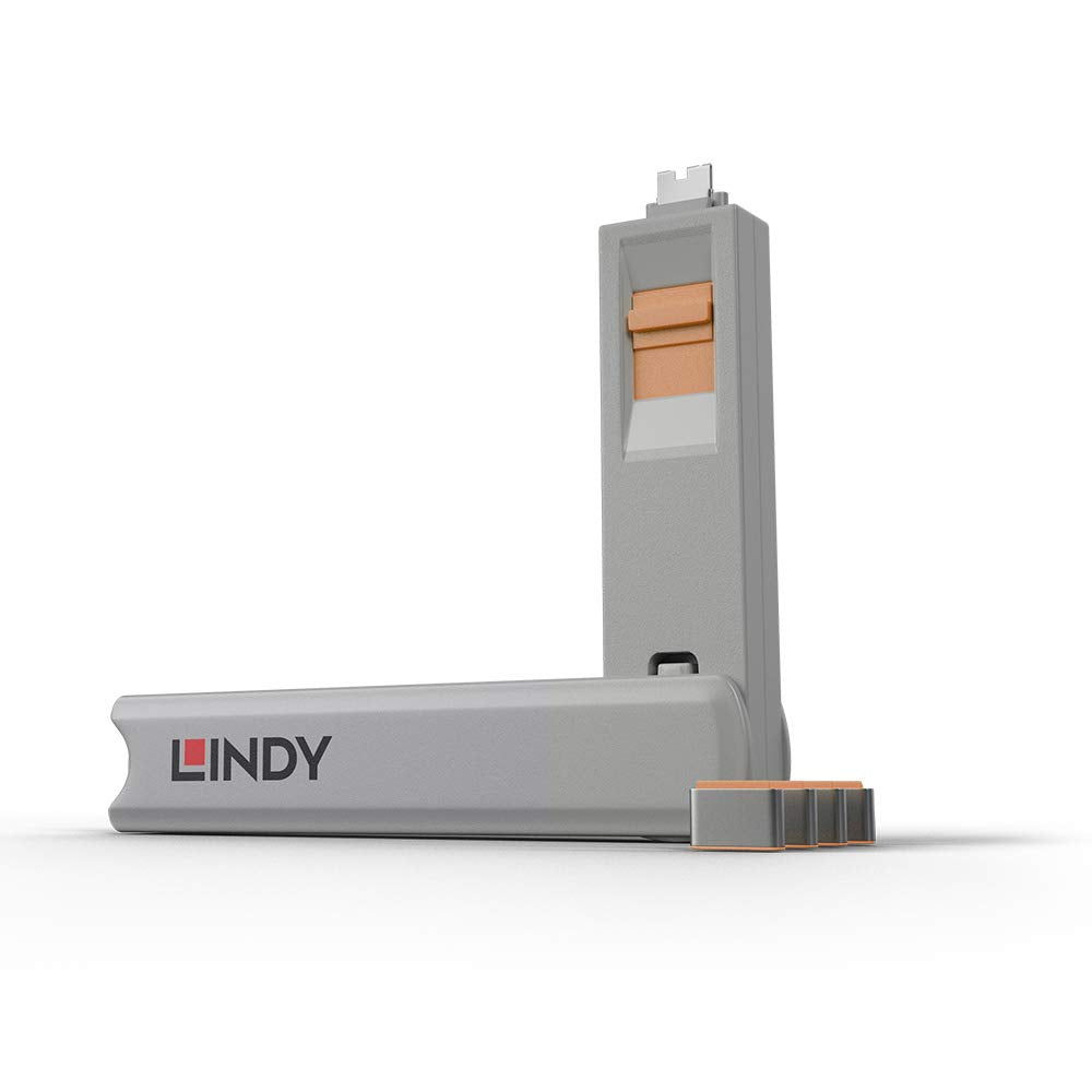 LINDY 40428 USB Type C Port Blocker Key, Orange - Pack of 4