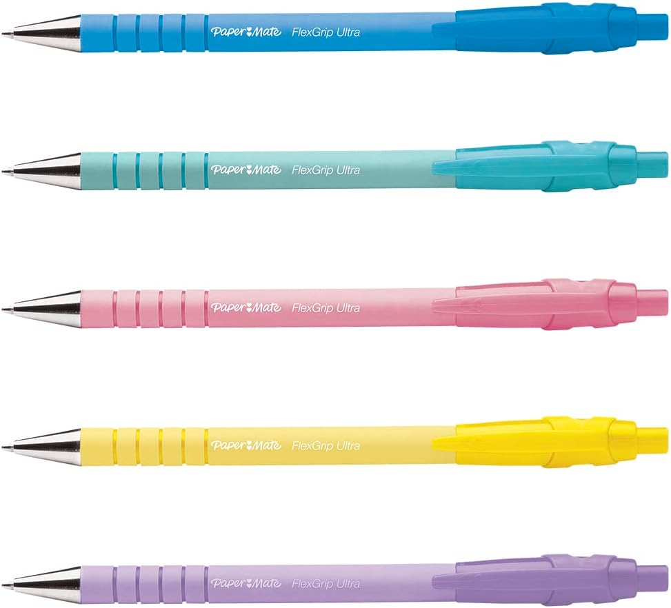 Paper Mate Flexgrip Ultra Pastel Ballpoint Pens | Medium Point (1.0mm) | Black Ink | Pastel Barrels | 5 Count