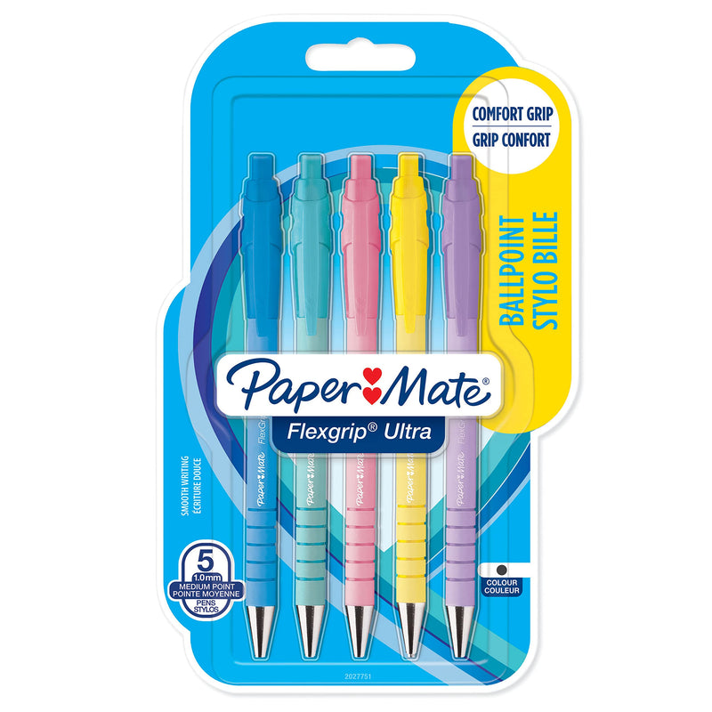 Paper Mate Flexgrip Ultra Pastel Ballpoint Pens | Medium Point (1.0mm) | Black Ink | Pastel Barrels | 5 Count