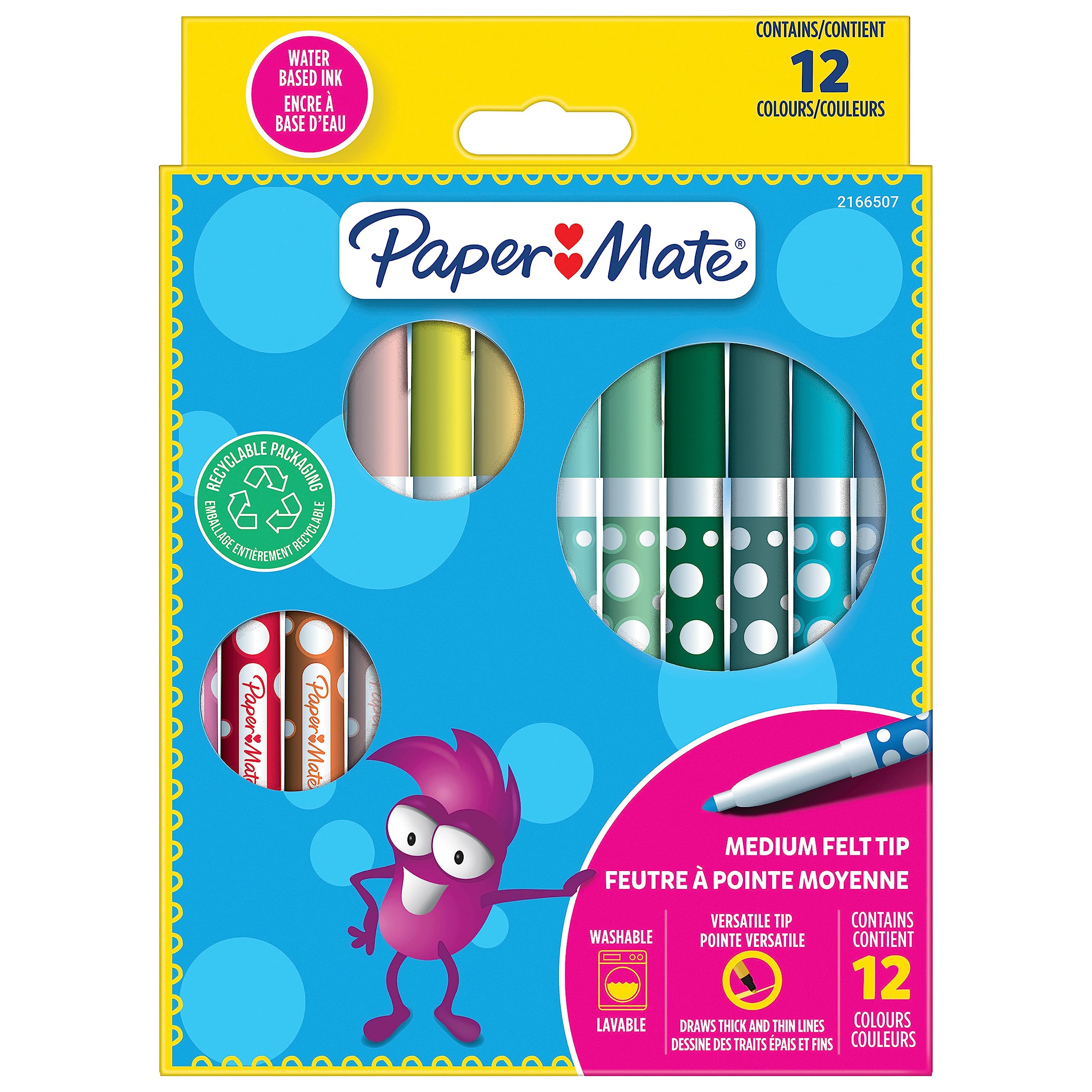 Paper Mate Kids Color Felt Pens, Washable Ink, Assorted Colours, 12 Felt-Tip Pens