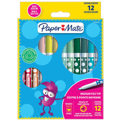 Paper Mate Kids Color Felt Pens, Washable Ink, Assorted Colours, 12 Felt-Tip Pens