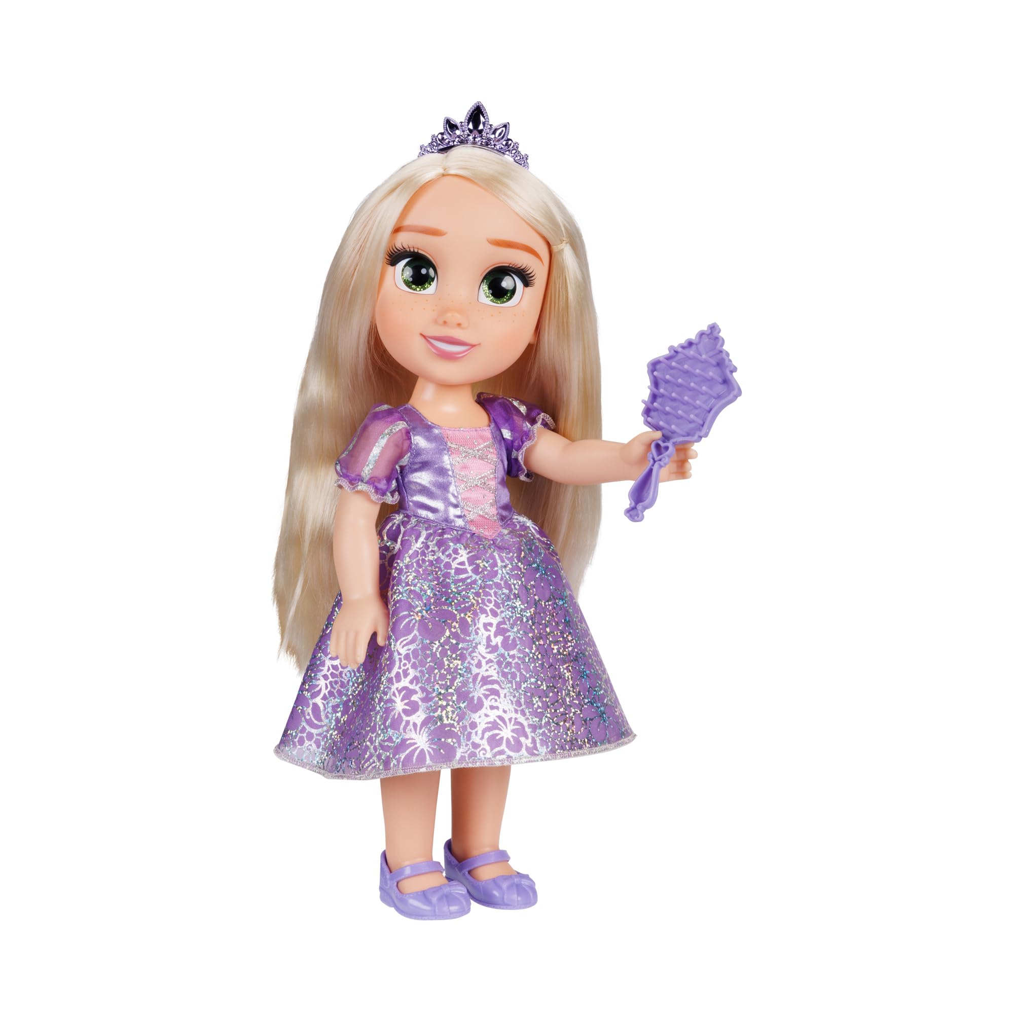 Disney Princess Bambola 38 cm di Rapunzel, con i Suoi Abiti Iconici Arricchiti da Dettagli Glitterati, Tiara Scintillante e Scarpette Coordinate, i Suoi Occhi Brillano
