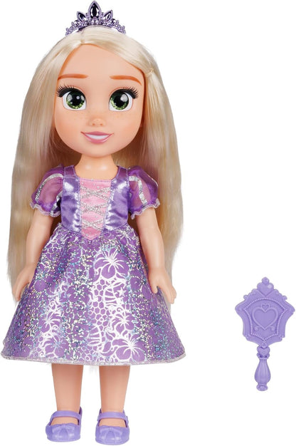 Disney Princess Bambola 38 cm di Rapunzel, con i Suoi Abiti Iconici Arricchiti da Dettagli Glitterati, Tiara Scintillante e Scarpette Coordinate, i Suoi Occhi Brillano