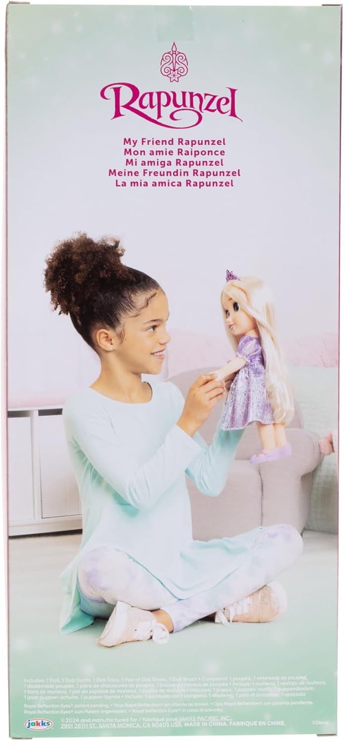 Disney Princess Bambola 38 cm di Rapunzel, con i Suoi Abiti Iconici Arricchiti da Dettagli Glitterati, Tiara Scintillante e Scarpette Coordinate, i Suoi Occhi Brillano