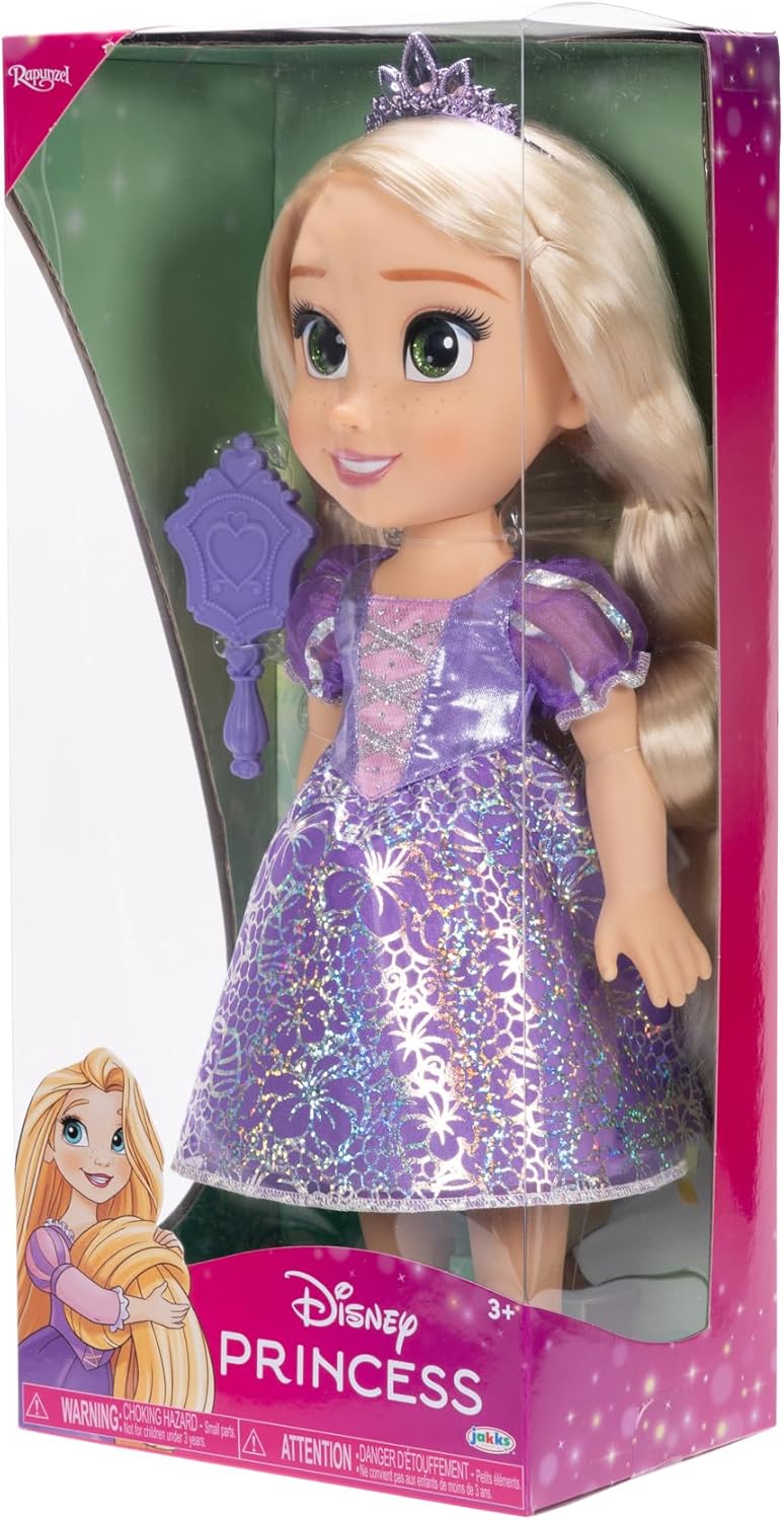 Disney Princess Bambola 38 cm di Rapunzel, con i Suoi Abiti Iconici Arricchiti da Dettagli Glitterati, Tiara Scintillante e Scarpette Coordinate, i Suoi Occhi Brillano