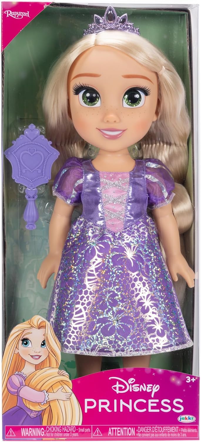 Disney Princess Bambola 38 cm di Rapunzel, con i Suoi Abiti Iconici Arricchiti da Dettagli Glitterati, Tiara Scintillante e Scarpette Coordinate, i Suoi Occhi Brillano