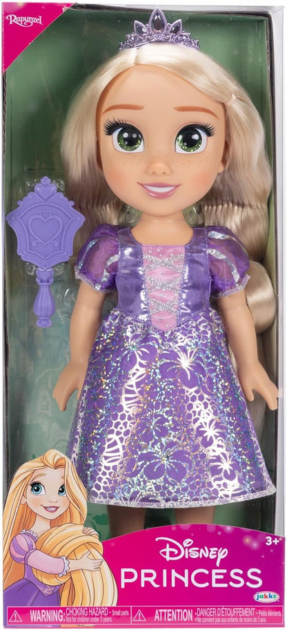 Disney Princess Bambola 38 cm di Rapunzel, con i Suoi Abiti Iconici Arricchiti da Dettagli Glitterati, Tiara Scintillante e Scarpette Coordinate, i Suoi Occhi Brillano
