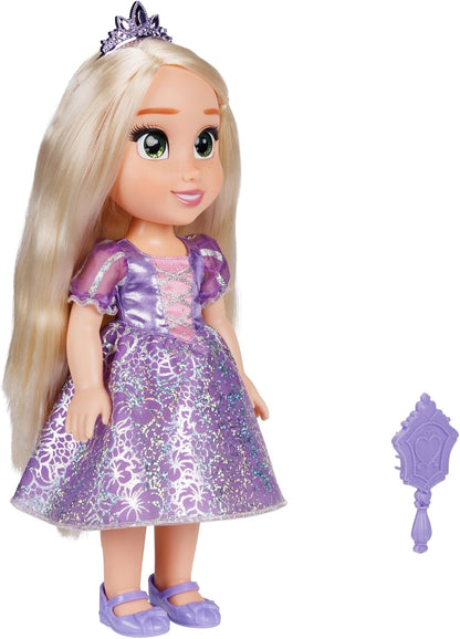 Disney Princess Bambola 38 cm di Rapunzel, con i Suoi Abiti Iconici Arricchiti da Dettagli Glitterati, Tiara Scintillante e Scarpette Coordinate, i Suoi Occhi Brillano
