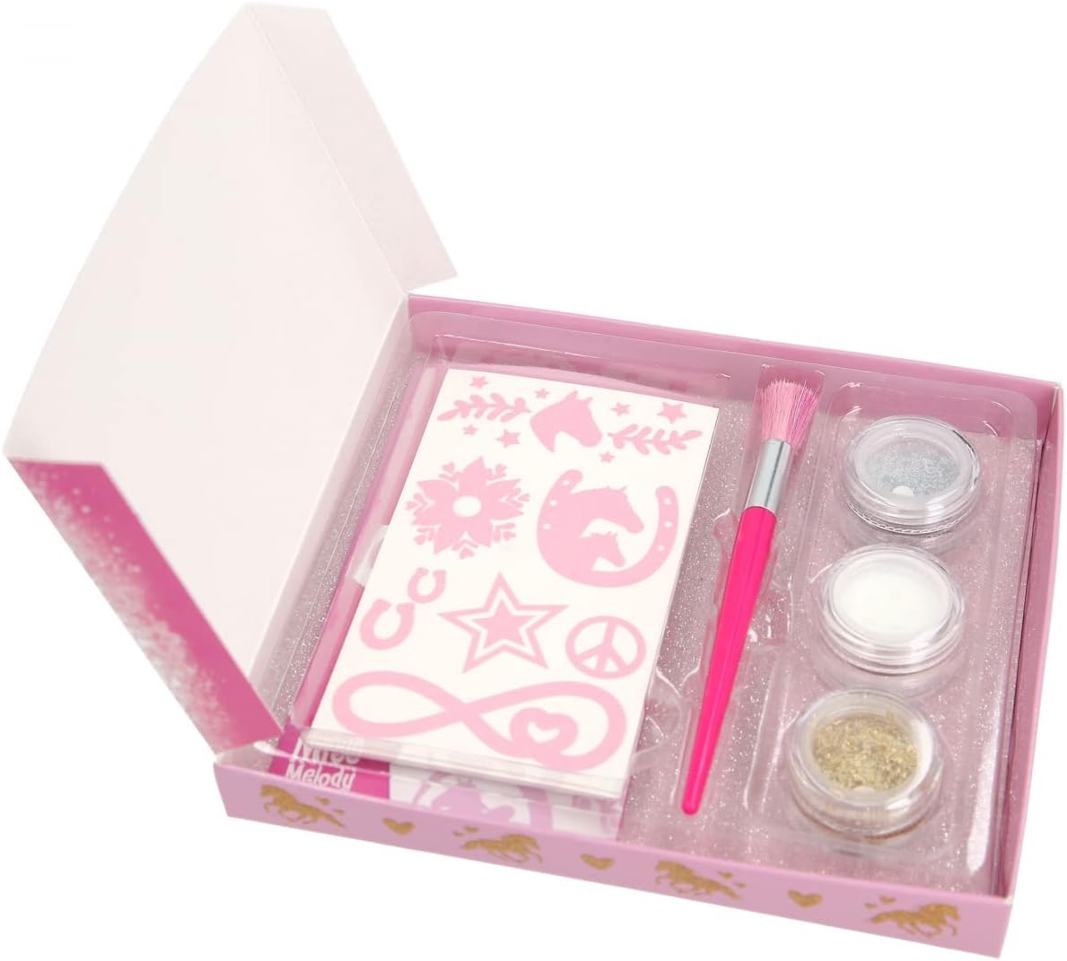 Depesche Miss Melody 12032 Glitter Tattoo Set for Children with 38 Adhesive Tattoos, 1 Brush and 3 Glitter Powders in Silver, White and Gold