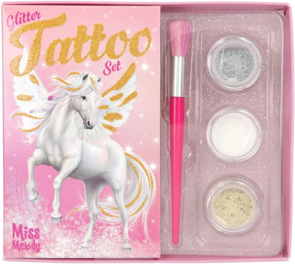 Depesche Miss Melody 12032 Glitter Tattoo Set for Children with 38 Adhesive Tattoos, 1 Brush and 3 Glitter Powders in Silver, White and Gold