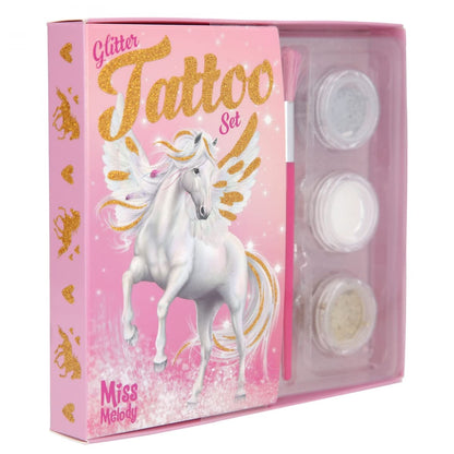Depesche Miss Melody 12032 Glitter Tattoo Set for Children with 38 Adhesive Tattoos, 1 Brush and 3 Glitter Powders in Silver, White and Gold