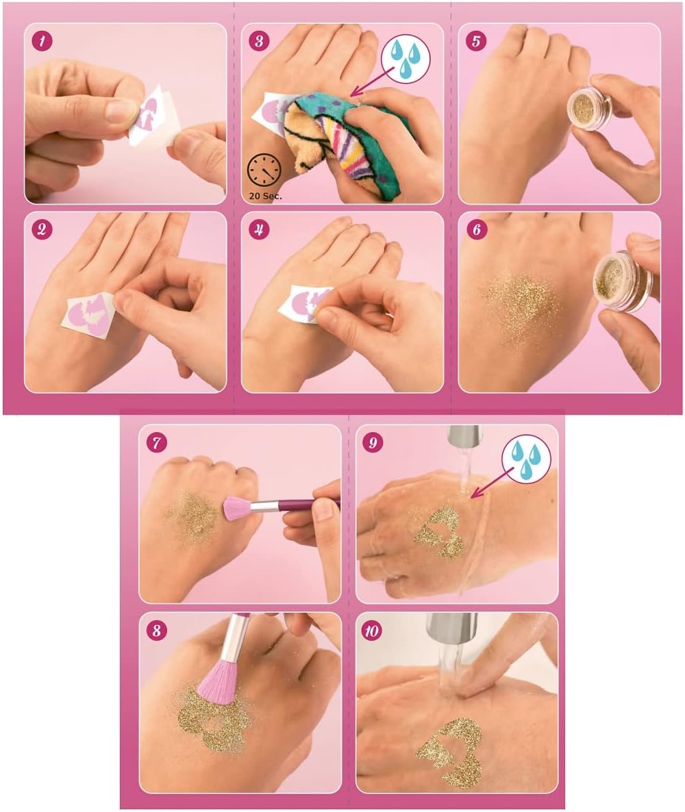 Depesche Miss Melody 12032 Glitter Tattoo Set for Children with 38 Adhesive Tattoos, 1 Brush and 3 Glitter Powders in Silver, White and Gold