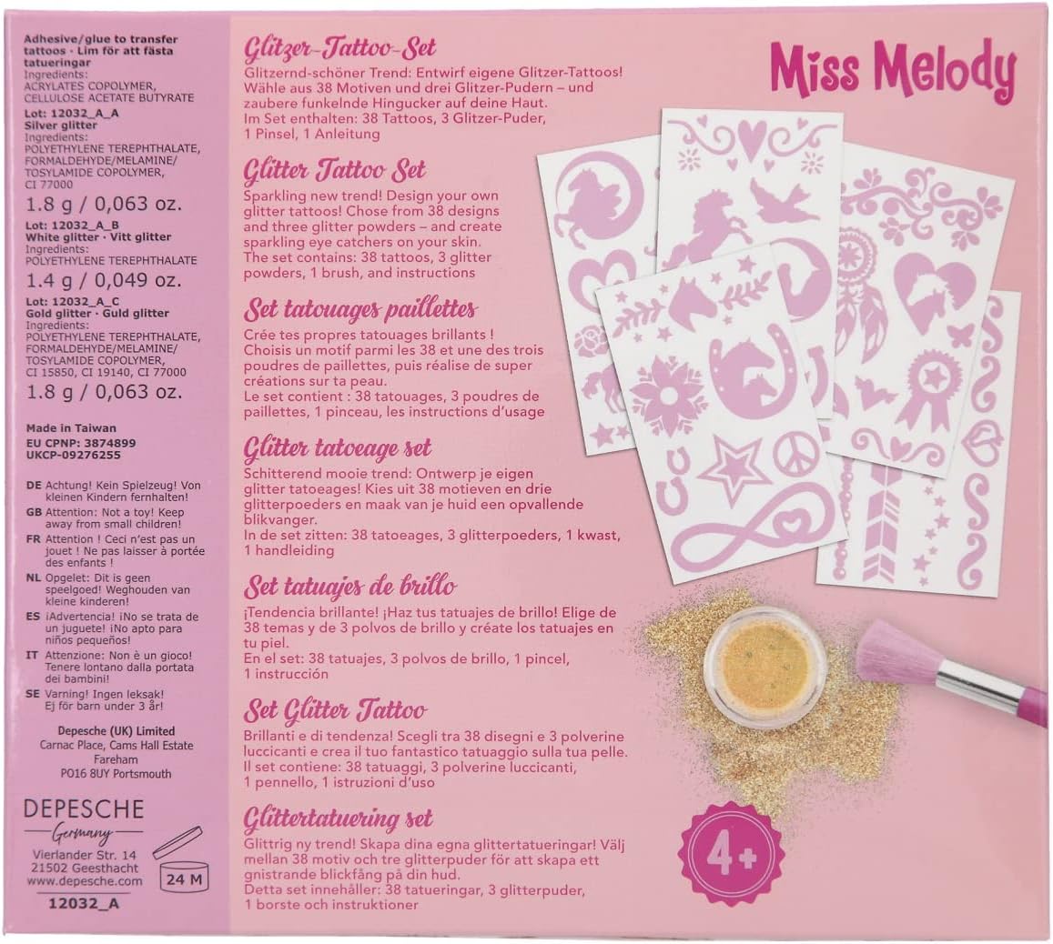 Depesche Miss Melody 12032 Glitter Tattoo Set for Children with 38 Adhesive Tattoos, 1 Brush and 3 Glitter Powders in Silver, White and Gold