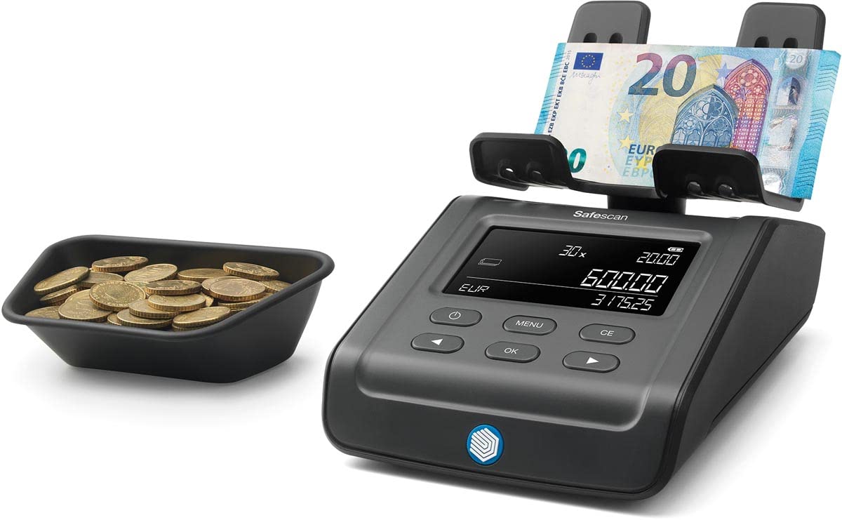 Safescan 6165 Money Counting Machine that Value Counts Coins and Banknotes - Coin Counter with Automatic Coin Roll Recognition - Money Scale for Quick and Easy Cash Drawer Counting