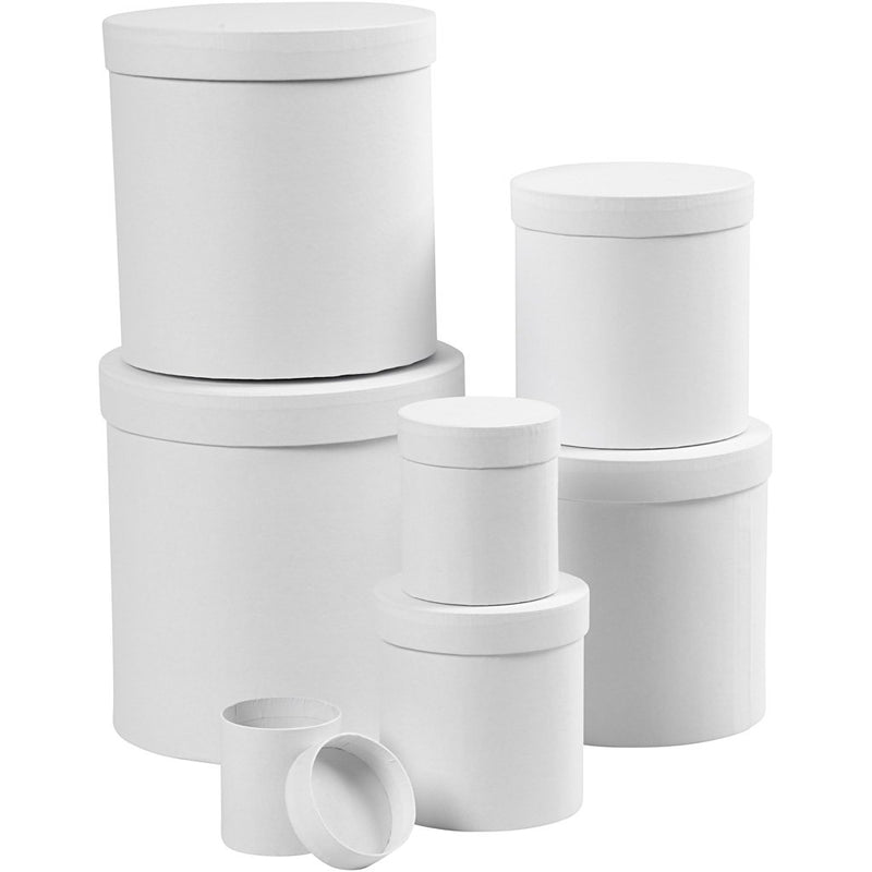 Round Boxes, round, D: 7+9+12+14,5+17+19,5+22 cm, H: 7,5+10,2+12,7+15,2+17,7+20,2+22,7 cm, white, 7pcs
