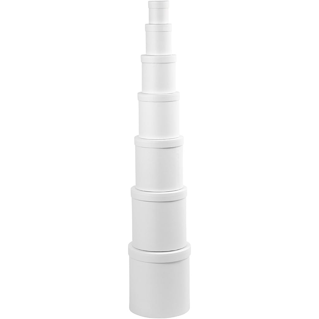 Round Boxes, round, D: 7+9+12+14,5+17+19,5+22 cm, H: 7,5+10,2+12,7+15,2+17,7+20,2+22,7 cm, white, 7pcs
