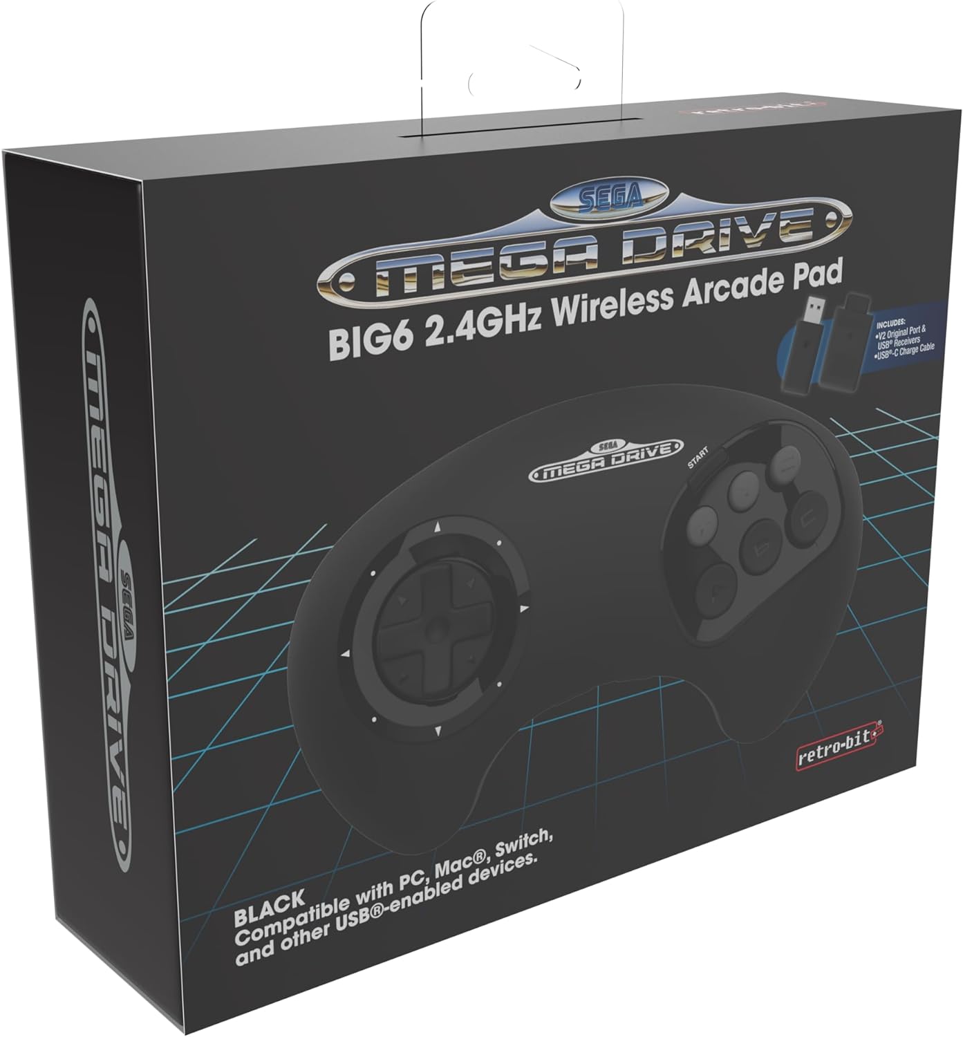 Retro-Bit BIG6 2.4 GHz SEGA Mega Drive Wireless Arcade Controller Pad for SEGA Mega Drive Original/Mini, Switch, PC & Mac - Black