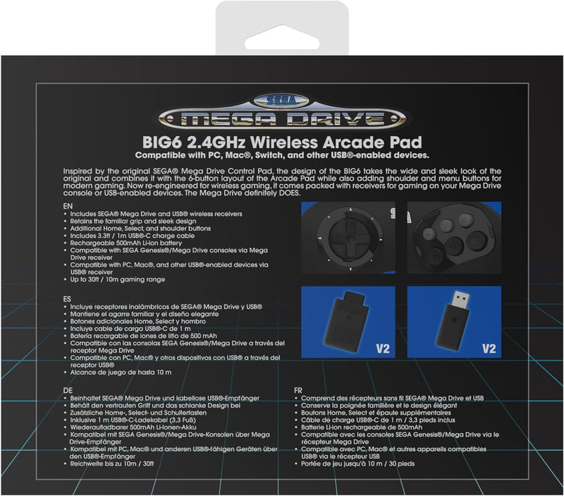 Retro-Bit BIG6 2.4 GHz SEGA Mega Drive Wireless Arcade Controller Pad for SEGA Mega Drive Original/Mini, Switch, PC & Mac - Black