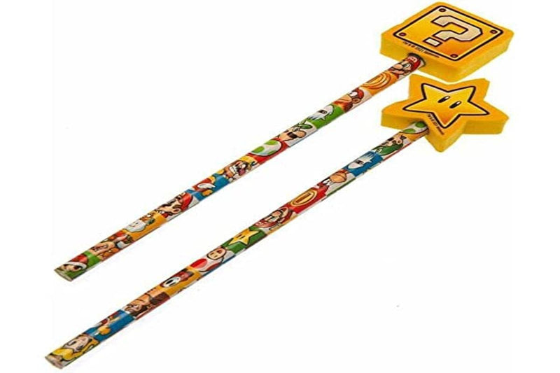 Super Mario Set of 2 Drawing Pencils with Toppers (Colour Block Design) Pencils with Rubbers on The End. Sketching Pencils. Pencil Set. Art Pencils. Pencils for Kids - Official Merchandise