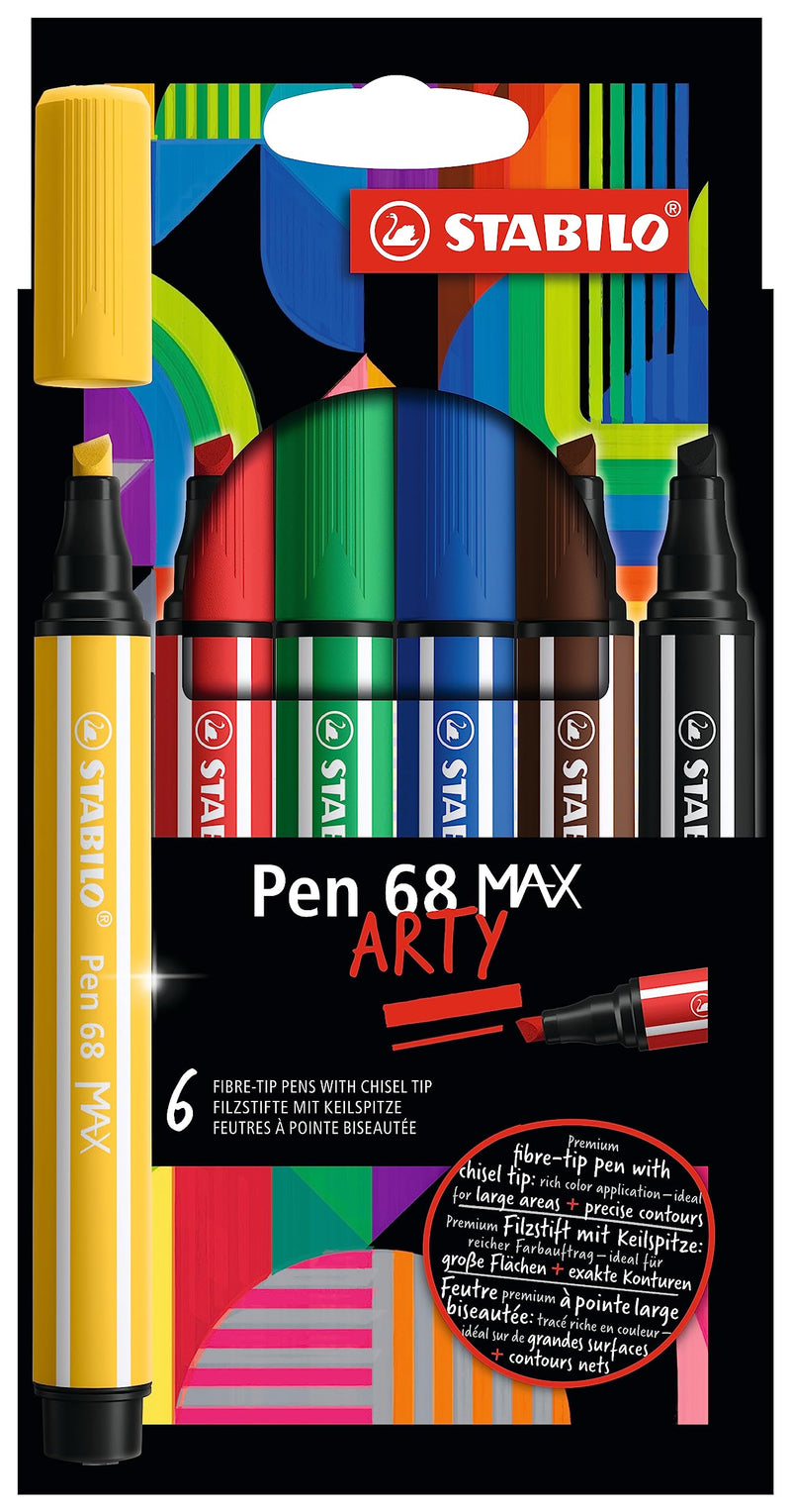 STABILO Rotulador Premium punta biselada (1 + 5 mm) Pen 68 MAX - ARTY - Estuche de 6 - Colores Surtidos