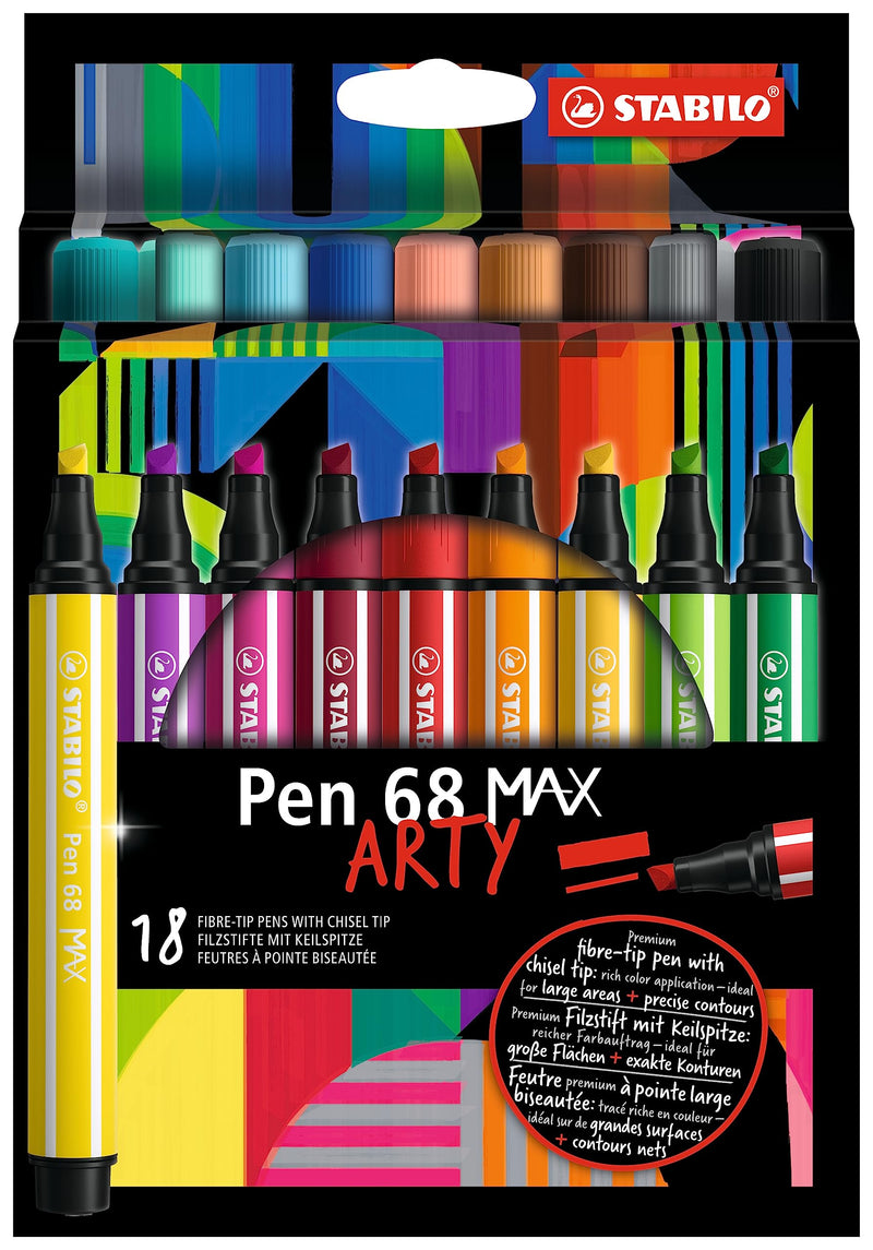 Premium Fibre-Tip Pen with Chisel Tip - STABILO Pen 68 MAX - ARTY - Pack of 18 - Assorted Colours