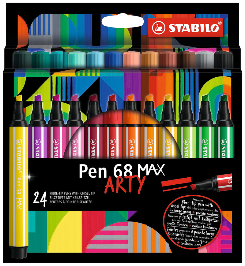 STABILO Rotulador premium punta biselada (1 + 5 mm) Pen 68 MAX - Estuche ARTY con 24 colores