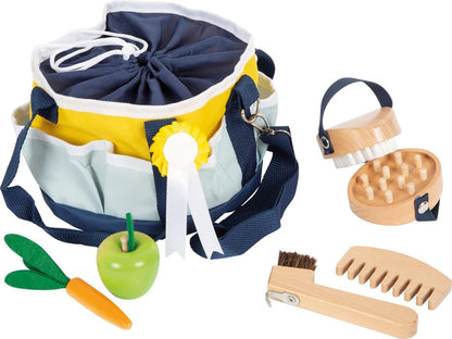 small foot Toy Care Set with bag, child-friendly wooden tools, accessories for playing horse, 12419