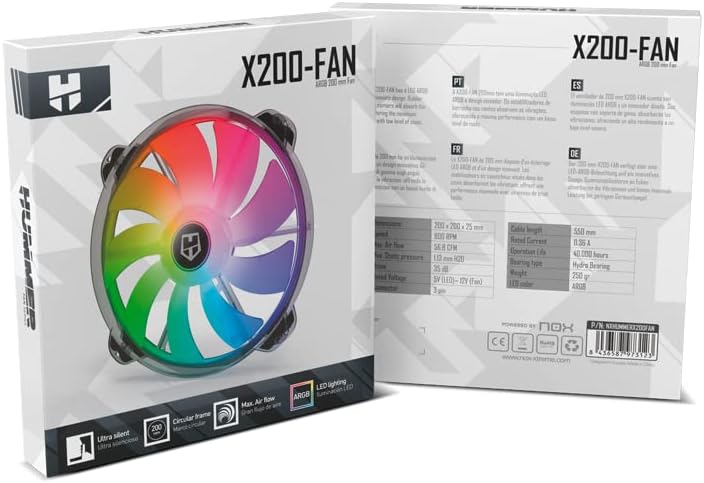 Nox Hummer X200 -NXHUMMERX200FAN Fan for PC Box 200mm, ARGB, 9 Translucent Blades, Super Slim Silent Design, Hydraulic Bearings, Rubber Support Corners