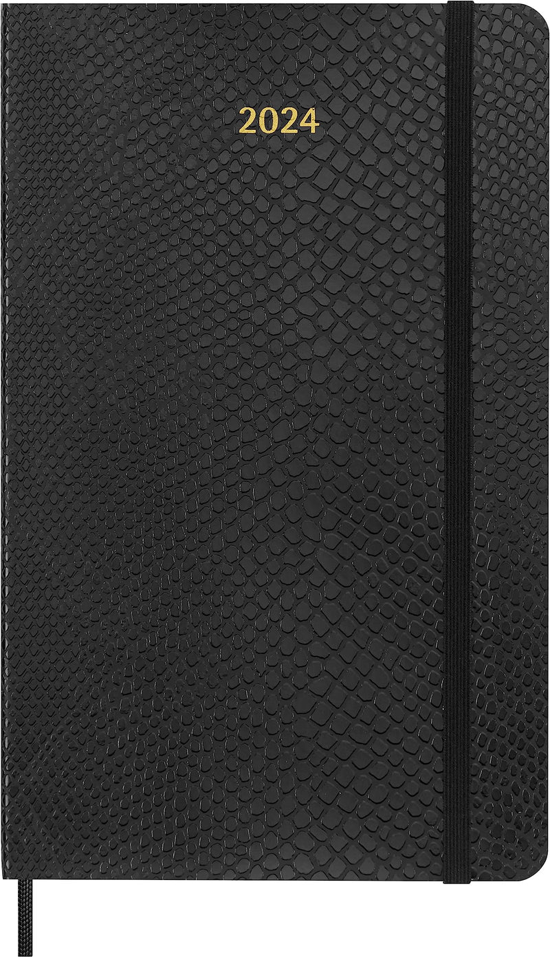 Moleskine Weekly Agenda 12 Months 2024 with Box, Agenda 2024, Size Large 13x21, Soft Cover and Elastic Closure, Faux Snakeskin Colour Black