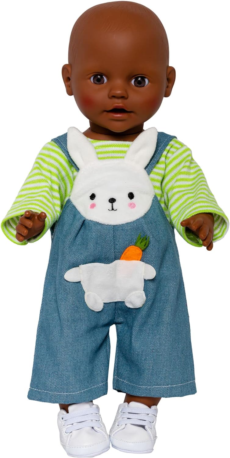 Heless Bunny Lou 1316 Dungarees Shirt for Dolls Green Stripes with Rabbit Appliqué and Velcro Fasteners Size 28-35 cm, Multicoloured