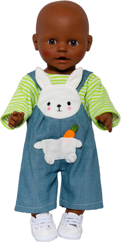 Heless Bunny Lou 1316 Dungarees Shirt for Dolls Green Stripes with Rabbit Appliqué and Velcro Fasteners Size 28-35 cm, Multicoloured