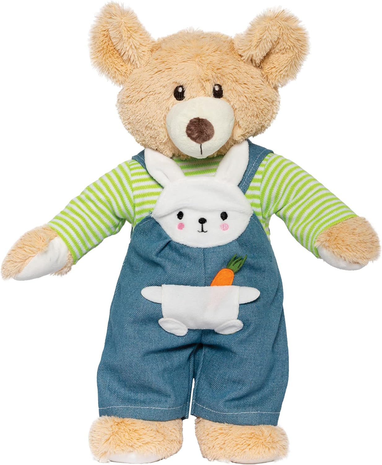 Heless Bunny Lou 1316 Dungarees Shirt for Dolls Green Stripes with Rabbit Appliqué and Velcro Fasteners Size 28-35 cm, Multicoloured