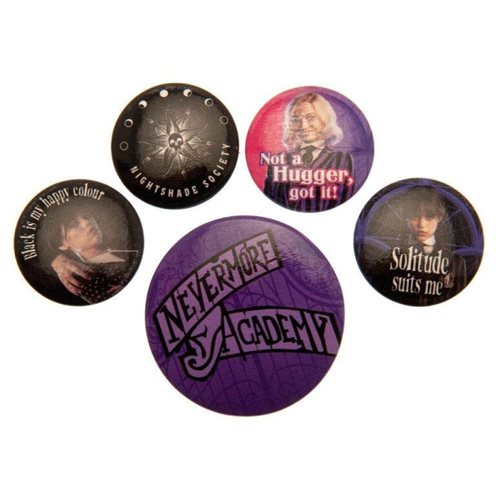 Wednesday Set of 5 Badges (Nevermore Design) Pin Badges for Bags, Backpacks, Jackets, Party Bags or Pin Badge Display - Official Merchandise