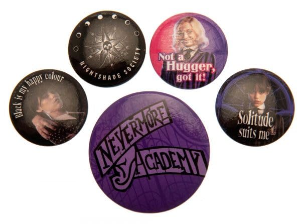 Wednesday Set of 5 Badges (Nevermore Design) Pin Badges for Bags, Backpacks, Jackets, Party Bags or Pin Badge Display - Official Merchandise