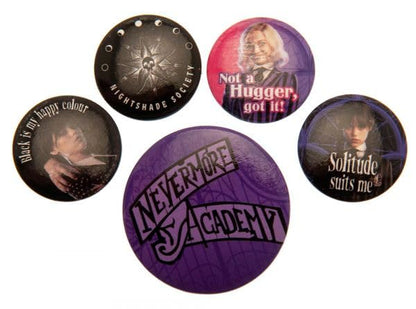 Wednesday Set of 5 Badges (Nevermore Design) Pin Badges for Bags, Backpacks, Jackets, Party Bags or Pin Badge Display - Official Merchandise