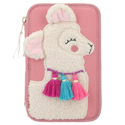 Depesche 12584 TOPModel Cosy - Filled 3-Compartment Pencil Case, Alpaca Motif with Teddy Faux Fur and Colourful Tassels, Includes 18 Coloured Pencils, Ruler, Scissors and More, For Girls Aged 3+