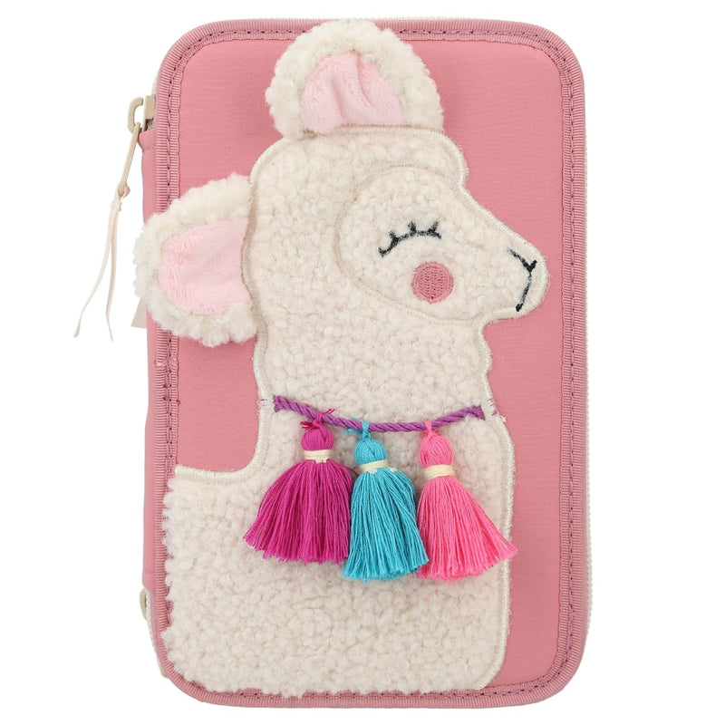 Depesche 12584 TOPModel Cosy - Filled 3-Compartment Pencil Case, Alpaca Motif with Teddy Faux Fur and Colourful Tassels, Includes 18 Coloured Pencils, Ruler, Scissors and More, For Girls Aged 3+